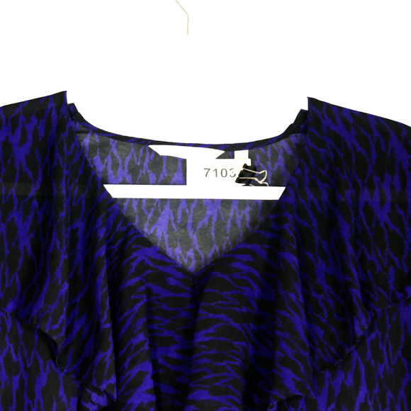 Soft Surroundings Blouse Womens Petite Medium PM Purple Wild Animal Ruffle Sheer - Picture 3 of 6